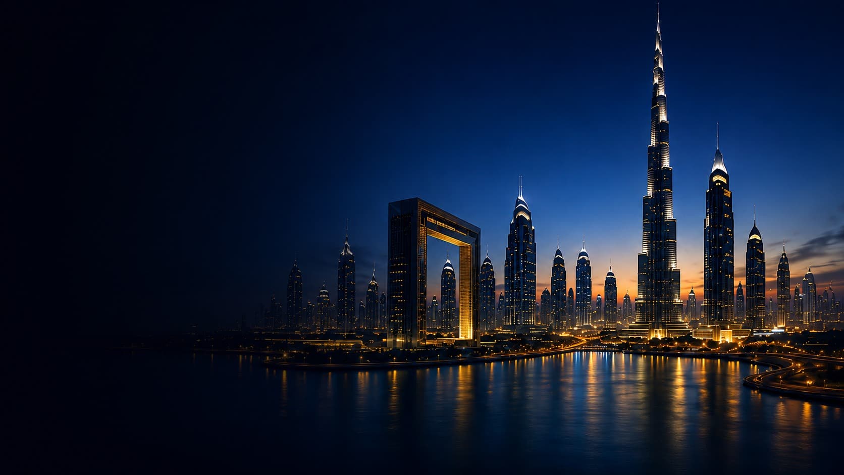 Dubai skyline at night with the Burj Khalifa