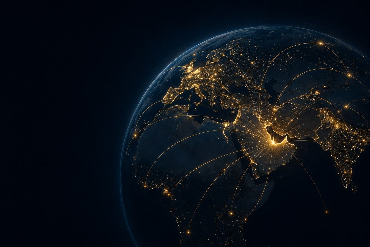 A world map showing global connectivity from the UAE